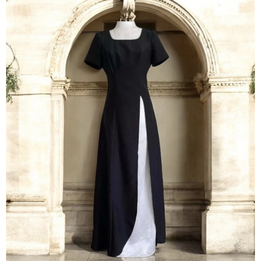 Vintage 70s Black Maxi Gown White Satin Accent Size 4